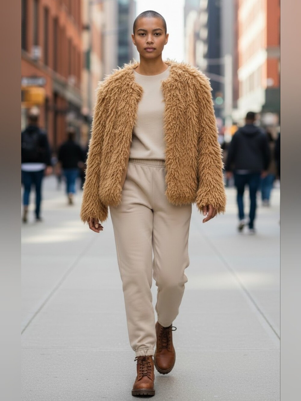 Mystree Teddy Jacket Faux Fur Camel Brown  Plush Open-Front Coat Misses Size Med